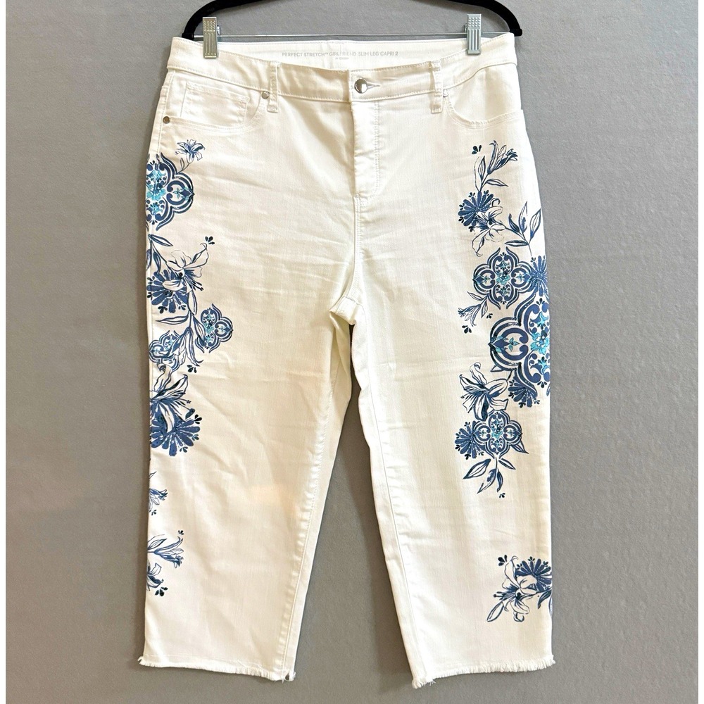 Chico's Perfect Stretch Girlfriend Slim Leg Capri 2 White Blue Floral Pants Hem